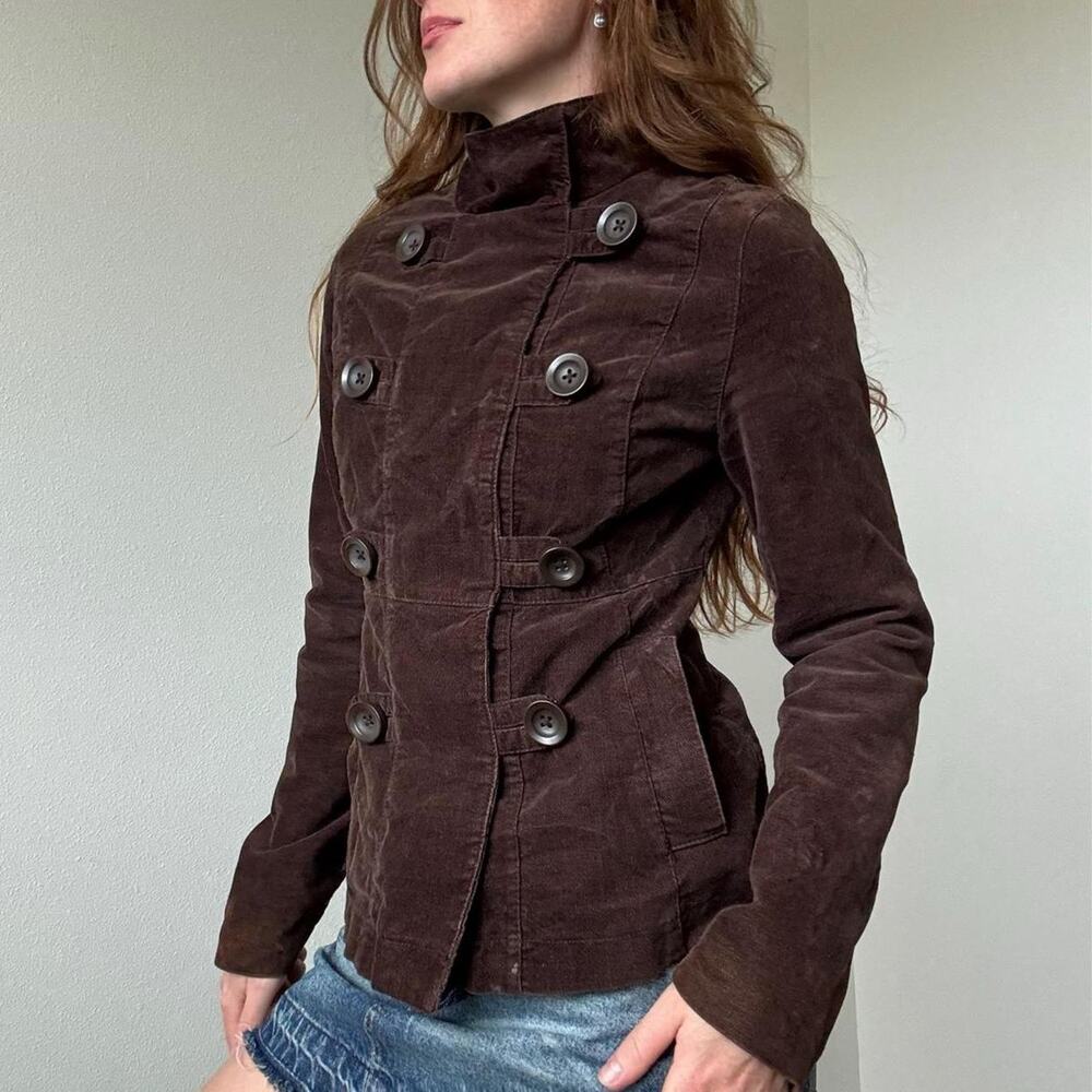 Y2k 2000s mossimo brown corduroydouble breasted jacket with a high funnel neck